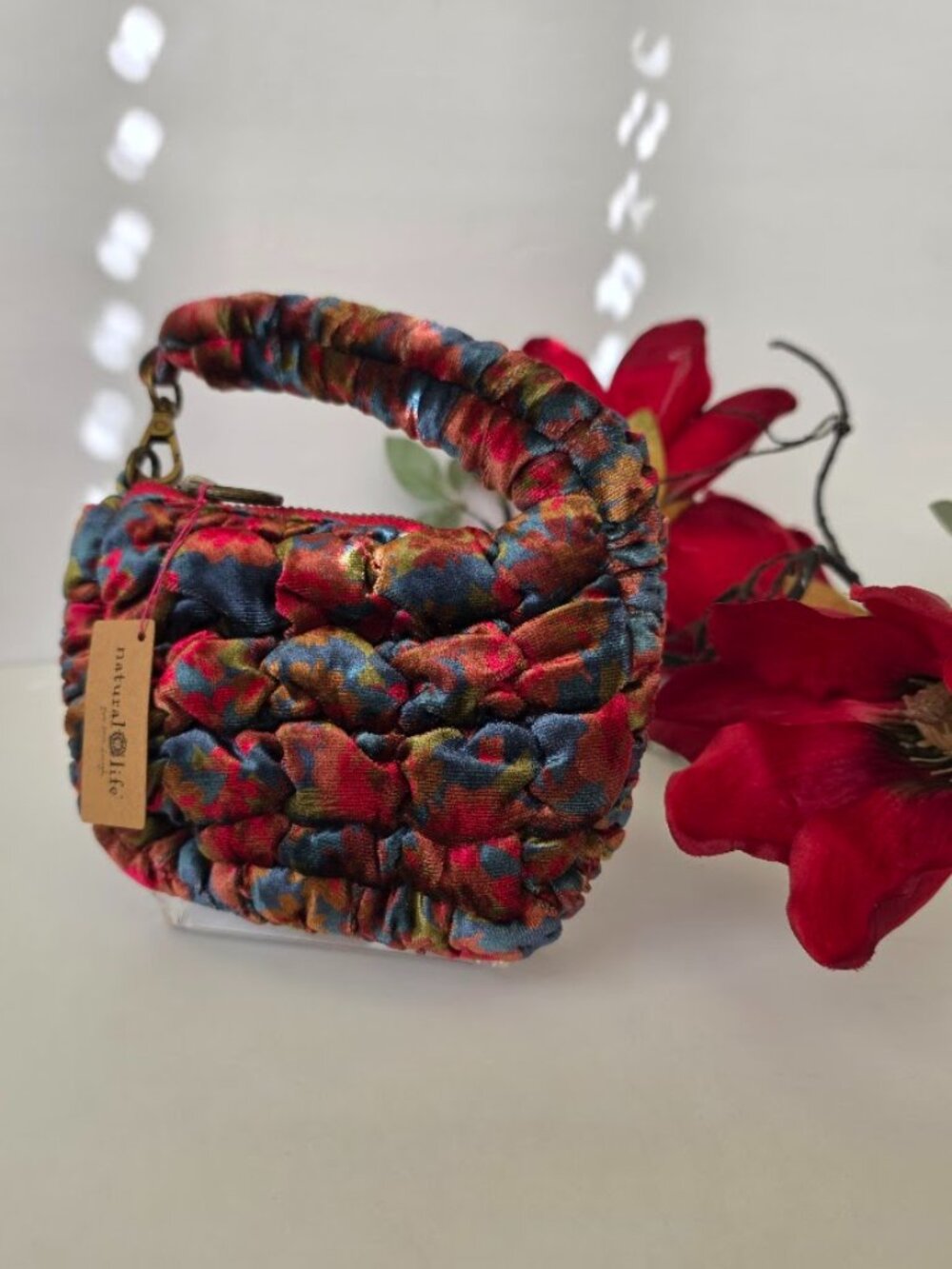 Natural Life Puffy Mini Clip-On Pouch - Teal Pink Floral Velvet